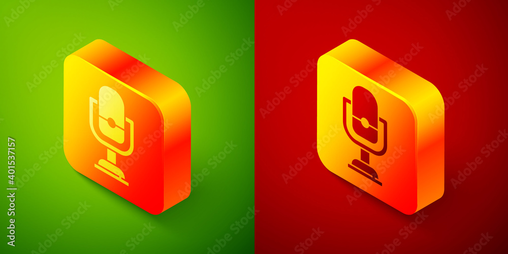 Isometric Microphone icon isolated on green and red background. On air radio mic microphone. Speaker sign. Square button. Vector. Isometric Microphone icon isolated on green and red background. On air radio mic microphone. Speaker sign. Square button. Vector.