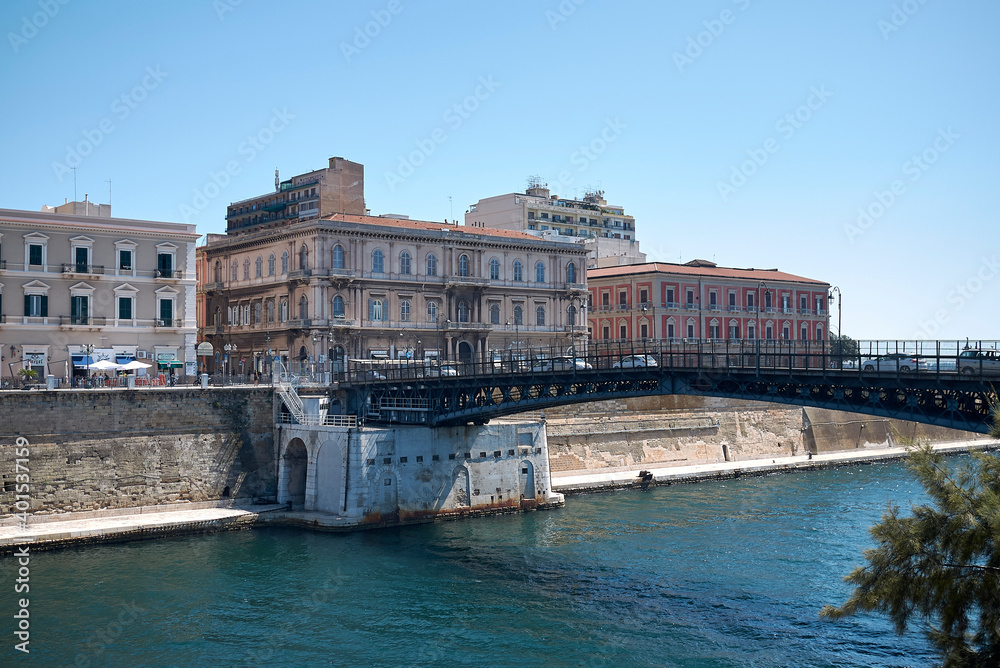 Taranto, Italy - September 06, 2020 : View of Ponte Girevole from Taranto Vecchia