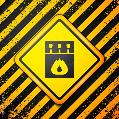 Black Open matchbox and matches icon isolated on yellow background. Warning sign. Vector.
