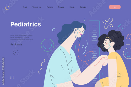Pediatrics - medical insurance -modern flat vector concept digital illustration - female pediatrician carrying out the auscultation of a little girl with a stethoscope, medical office or laboratory