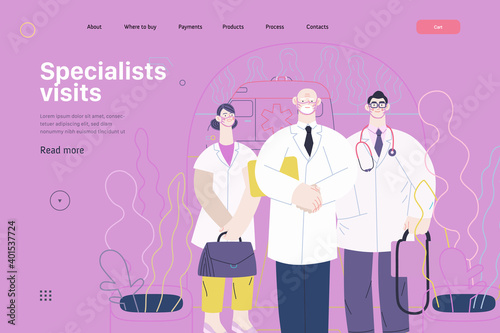 Medical insurance -specialists visit -modern flat vector concept digital illustration - medical specialists standing at the private residence entrance door Home medical service, part of insurance plan