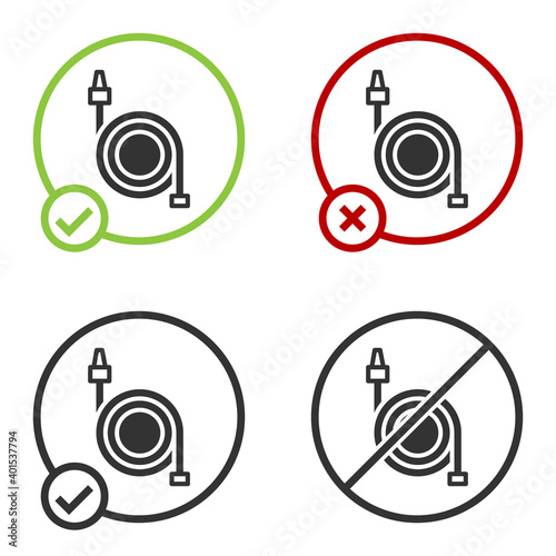 Black Fire hose reel icon isolated on white background. Circle button. Vector.