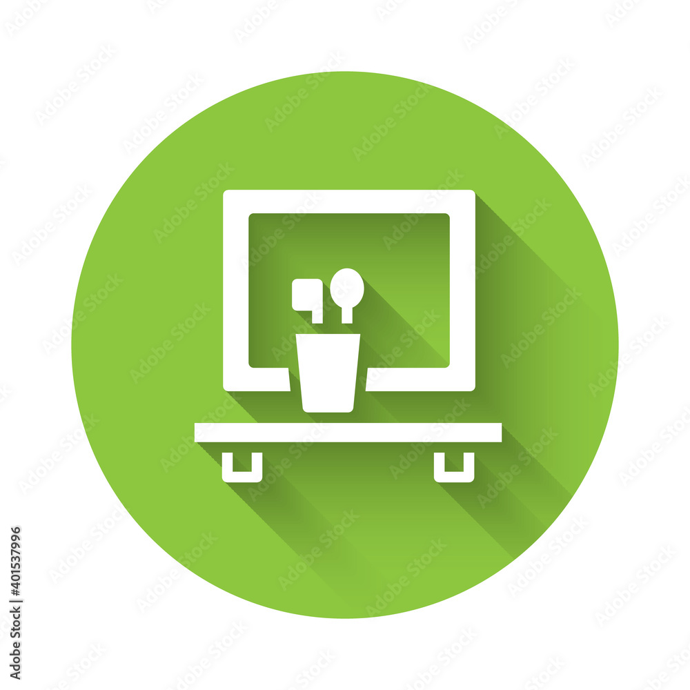White Washbasin mirror icon isolated with long shadow. Bathroom interior with a mirror. Green circle button. Vector. White Washbasin mirror icon isolated with long shadow. Bathroom interior with a mirror. Green circle button. Vector.