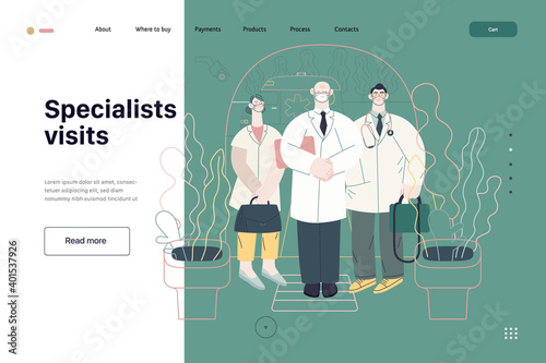 Medical insurance -specialists visit -modern flat vector concept digital illustration - medical specialists standing at the private residence entrance door Home medical service, part of insurance plan