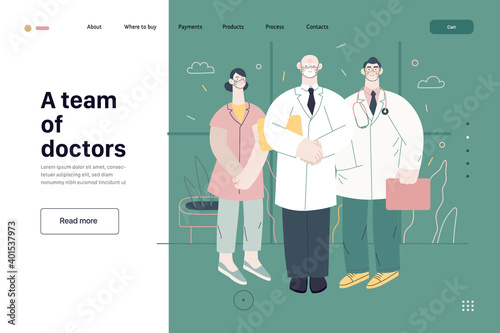 Medical insurance -medical guide -modern flat vector concept digital illustration - medical specialists standing together, team of doctors concept, medical office or laboratory