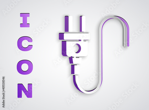 Paper cut Electric plug icon isolated on grey background. Concept of connection and disconnection of the electricity. Paper art style. Vector.