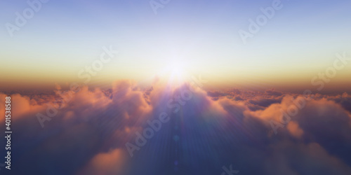 Beautiful aerial view above clouds with sunset. 3d illustration