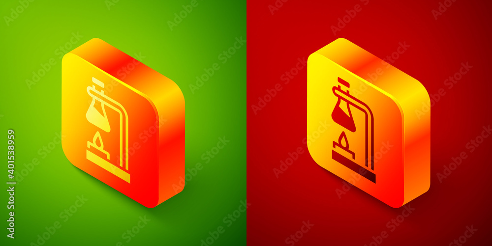 Isometric Glass test tube flask on fire heater experiment icon isolated on green and red background. Laboratory equipment. Square button. Vector. Isometric Glass test tube flask on fire heater experiment icon isolated on green and red background. Laboratory equipment. Square button. Vector.