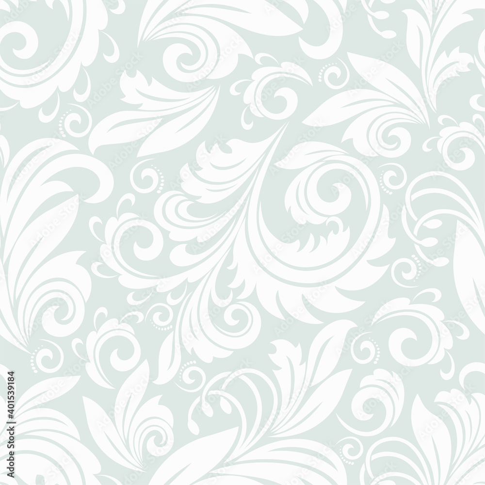 Seamless grey background with white pattern in baroque style. Vector retro illustration. Ideal for printing on fabric or paper for wallpapers, textile, wrapping. Seamless grey background with white pattern in baroque style. Vector retro illustration. Ideal for printing on fabric or paper for wallpapers, textile, wrapping.