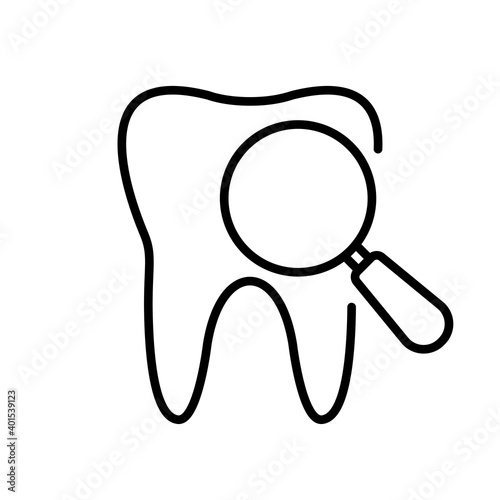 Dental care, tooth with magnifier loupe, medical tooth check line icon. Teeth medical check. Tooth with magnifying glass. Stomatology icon