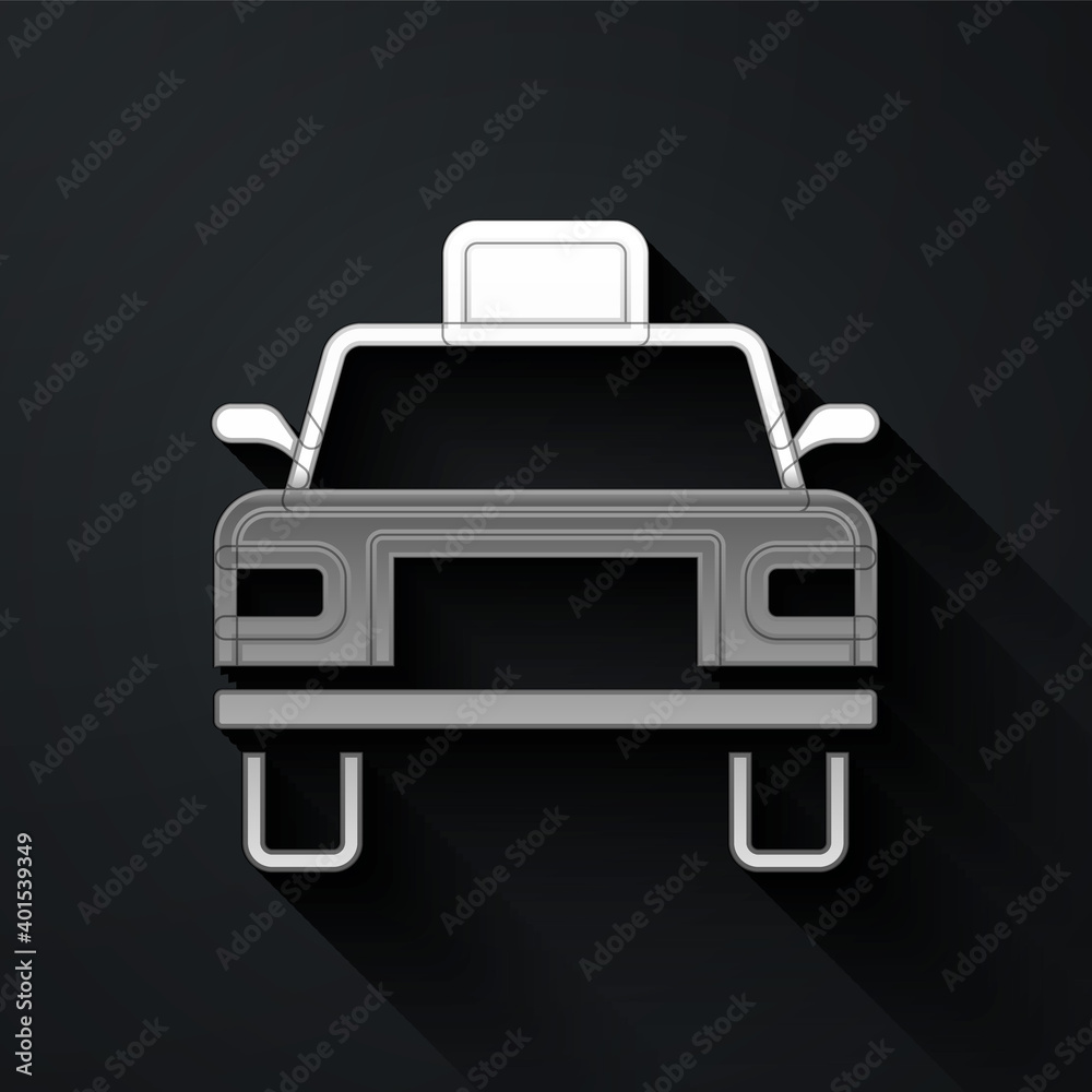 Silver Taxi car icon isolated on black background. Long shadow style. Vector. Silver Taxi car icon isolated on black background. Long shadow style. Vector.