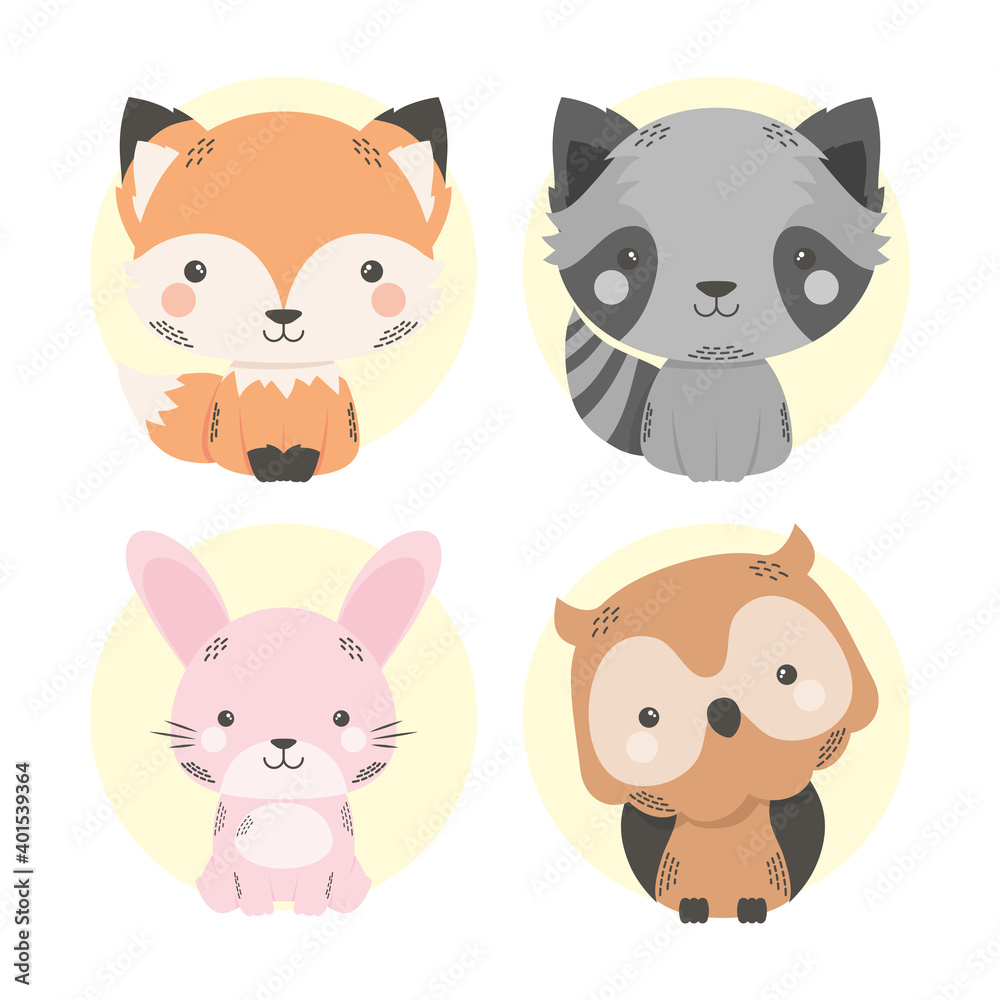cute four animals comic cartoon characters