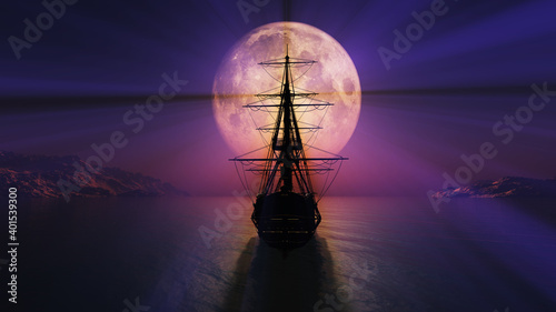 old ship in the night full moon illustration