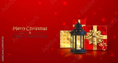Red banner with black latern, lamp with candle, tea light and golden gifts, lettering Merry Christmas and Happy New Year. Holiday vector illustration for card, flyer, advertising, posters, partyes.