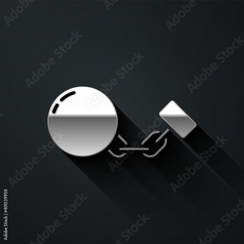 Silver Ball on chain icon isolated on black background. Long shadow style. Vector.