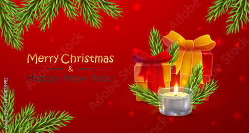 Red banner with Santa Claus, red, gold gifts, spruce, fir branches, lights and letters Christmas Sale. Holiday vector illustration for sale, advertising and special discounts.