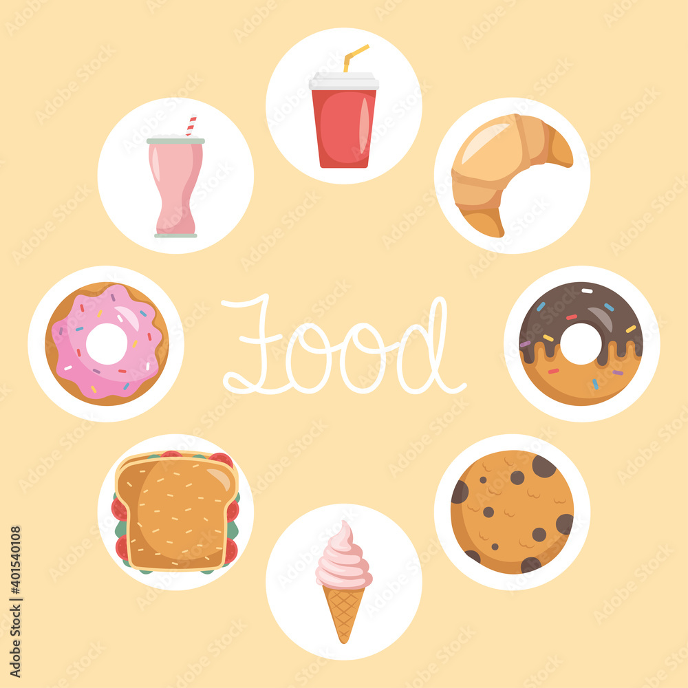 bundle of eight fast food set icons and lettering bundle of eight fast food set icons and lettering