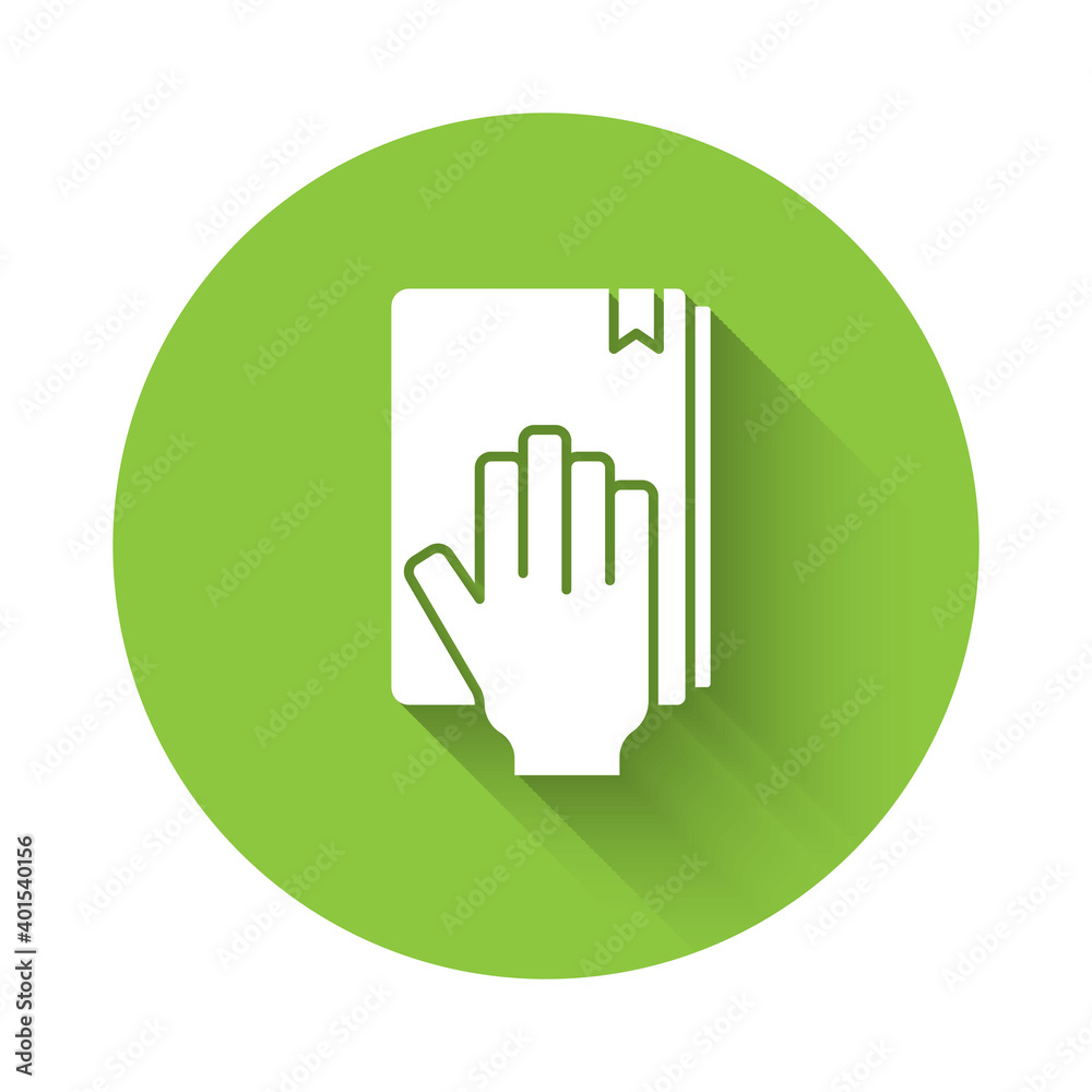 White Oath on the Holy Bible icon isolated with long shadow. The procedure in court. Truth and truth. Promise before god. Green circle button. Vector. White Oath on the Holy Bible icon isolated with long shadow. The procedure in court. Truth and truth. Promise before god. Green circle button. Vector.