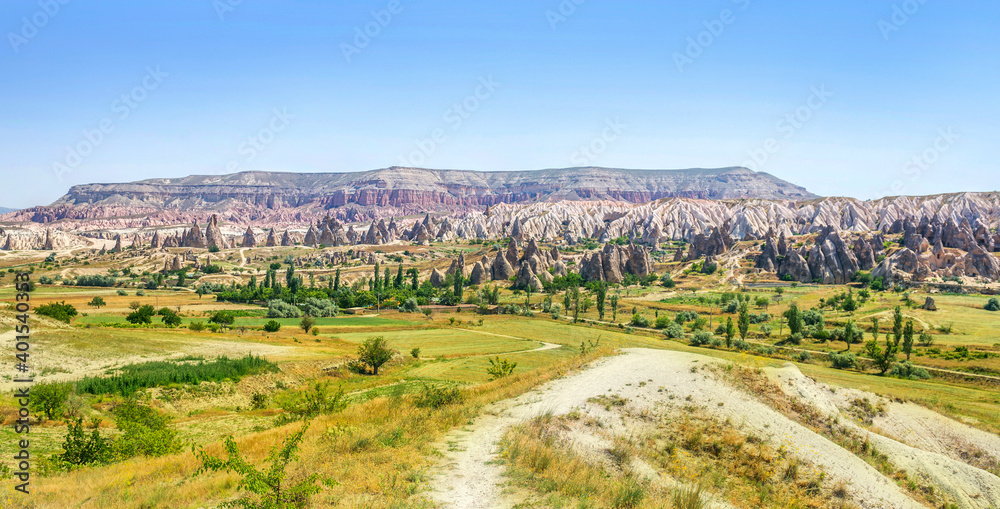 Red valley at Cappadocia, Anatolia, Turkey. Volcanic mountains in Goreme national park.