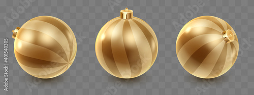 Golden glass Christmas balls with stripes, shadow and reflex on transparent background. Happy New Year card, design for flyer, poster, decor, banner, web, advertising. Vector illustration. 