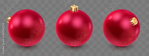 Red glass Christmas balls with shadow and reflex on transparent background. Happy New Year card, design for flyer, poster, decor, banner, web, advertising. Vector illustration. 