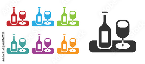 Black Wine bottle with glass icon isolated on white background. Set icons colorful. Vector.
