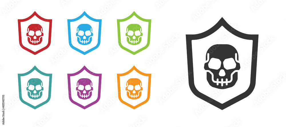Black Shield with pirate skull icon isolated on white background. Set icons colorful. Vector.