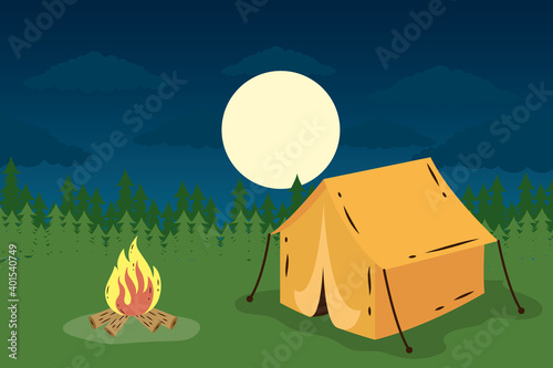 camping tent with campfire at night scene