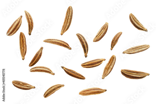 Macro caraway seeds. Macro dried of caraway seeds isolated on a white background, top view. Cumin seeds macro isolated on white background. Macro of cumin seeds isolated on white background, top view. photo