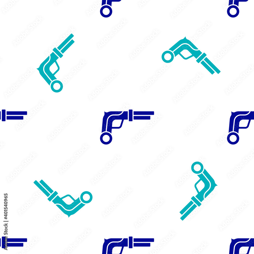 Blue Vintage pistols icon isolated seamless pattern on white background. Ancient weapon. Vector.
