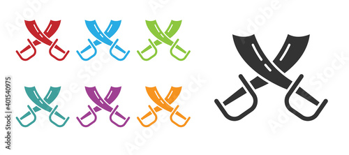 Black Crossed pirate swords icon isolated on white background. Sabre sign. Set icons colorful. Vector.