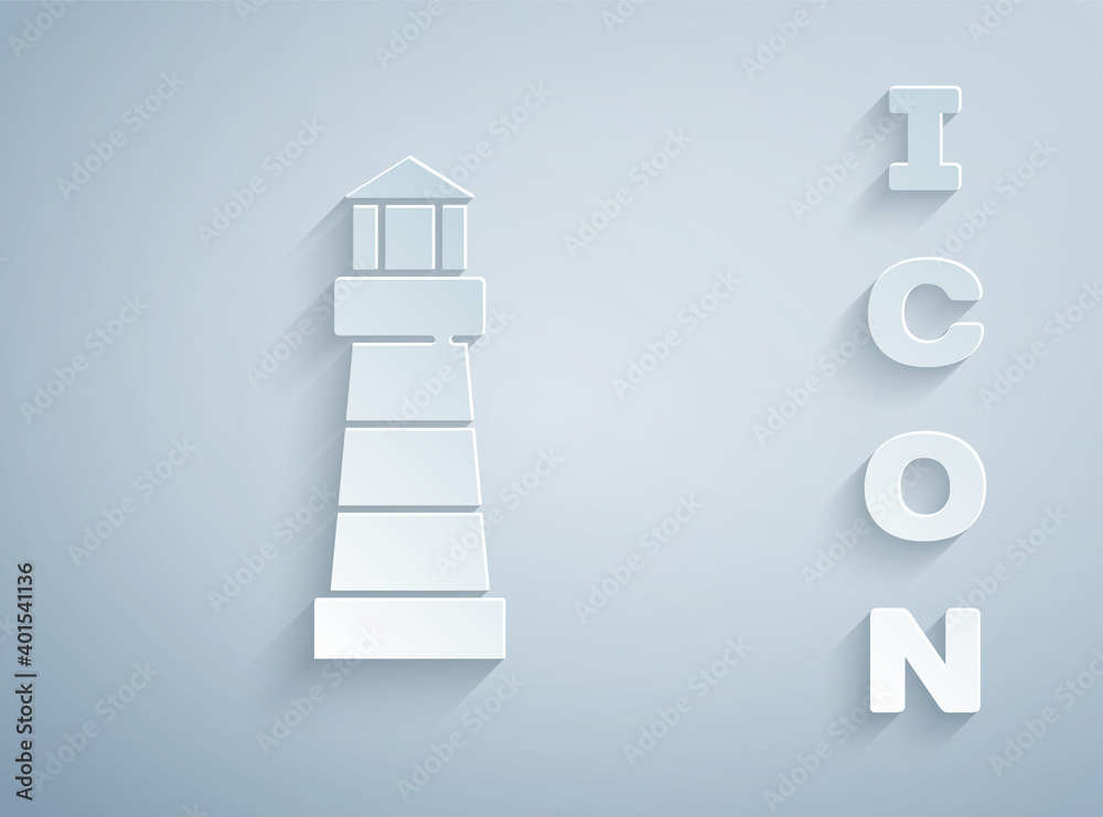 Paper cut Lighthouse icon isolated on grey background. Paper art style. Vector. Paper cut Lighthouse icon isolated on grey background. Paper art style. Vector.