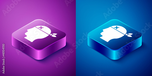 Isometric Pirate captain icon isolated on blue and purple background. Square button. Vector.