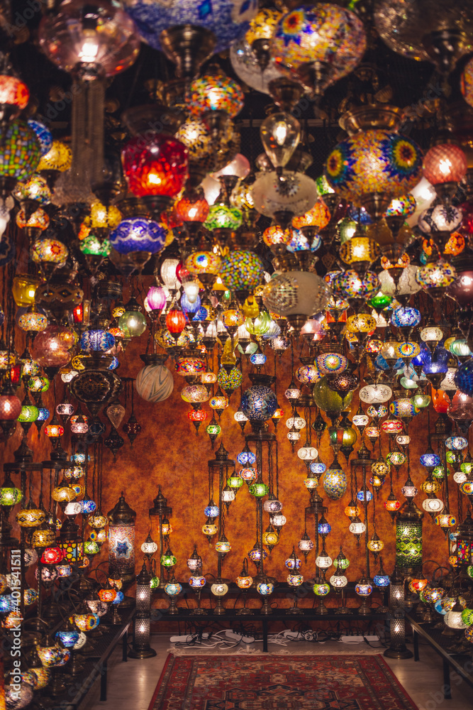 Amazing traditional handmade turkish lamps in souvenir shop. Mosaic of colored glass