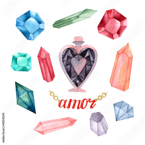 Love crystals watercolor elements isolated set