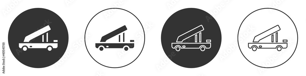 Black Passenger ladder for plane boarding icon isolated on white background. Airport stair travel. Circle button. Vector. Black Passenger ladder for plane boarding icon isolated on white background. Airport stair travel. Circle button. Vector.