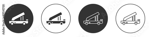 Black Passenger ladder for plane boarding icon isolated on white background. Airport stair travel. Circle button. Vector.