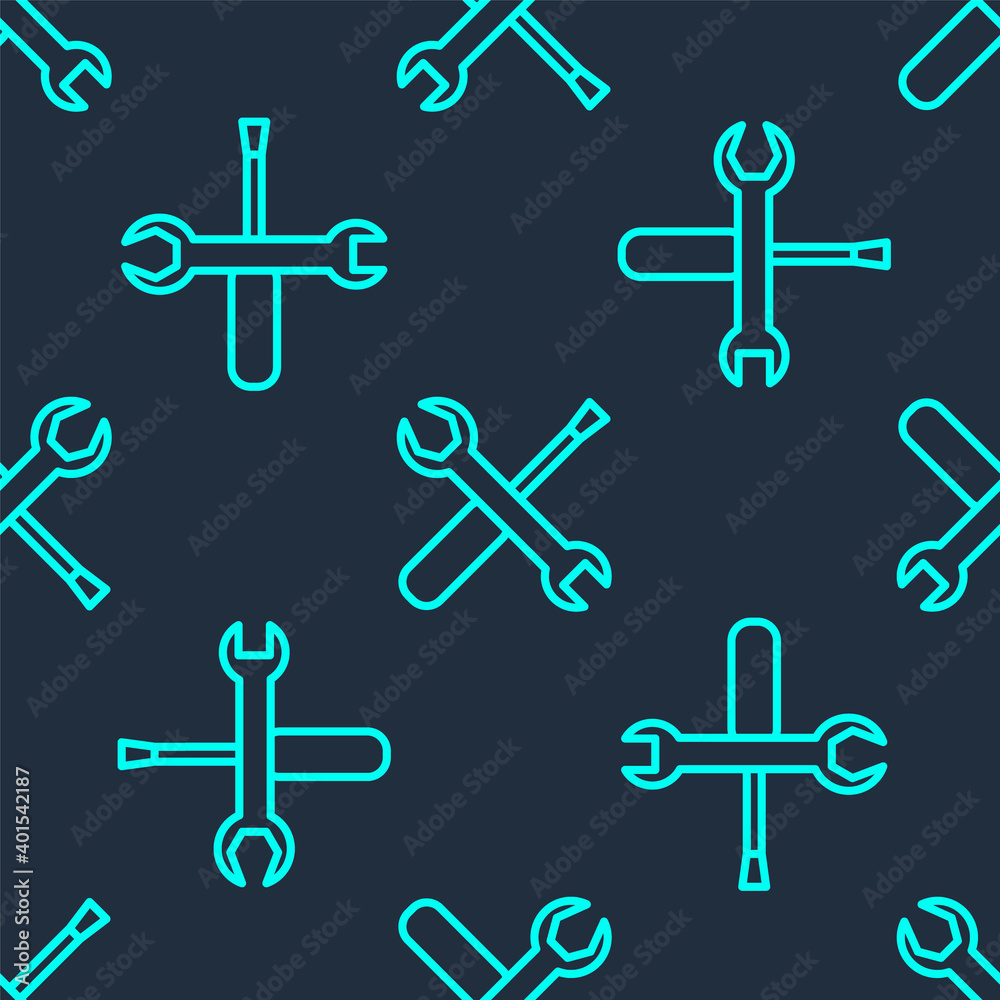 Green line Screwdriver and wrench spanner tools icon isolated seamless pattern on blue background. Service tool symbol. Vector Illustration. Green line Screwdriver and wrench spanner tools icon isolated seamless pattern on blue background. Service tool symbol. Vector Illustration.