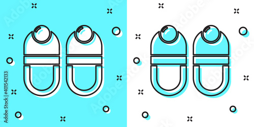 Black line Slippers icon isolated on green and white background. Flip flops sign. Random dynamic shapes. Vector.