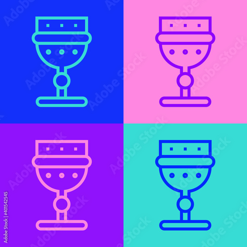 Pop art line Medieval goblet icon isolated on color background. Vector.