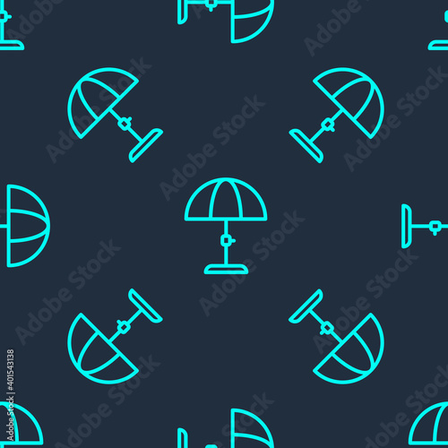 Green line Sun protective umbrella for beach icon isolated seamless pattern on blue background. Large parasol for outdoor space. Beach umbrella. Vector.