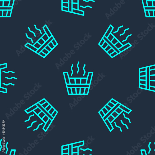 Green line Sauna bucket icon isolated seamless pattern on blue background. Vector.