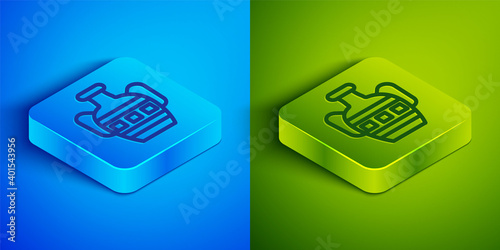 Isometric line Ancient amphorae icon isolated on blue and green background. Square button. Vector.