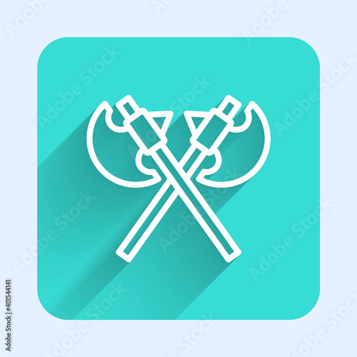 White line Crossed medieval axes icon isolated with long shadow. Battle axe, executioner axe. Medieval weapon. Green square button. Vector.