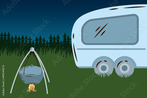 trailer camper house and pot cooking in the camp scene