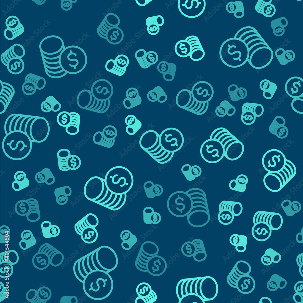 Green line Coin money with dollar symbol icon isolated seamless pattern on blue background. Banking currency sign. Cash symbol. Vector. Green line Coin money with dollar symbol icon isolated seamless pattern on blue background. Banking currency sign. Cash symbol. Vector.