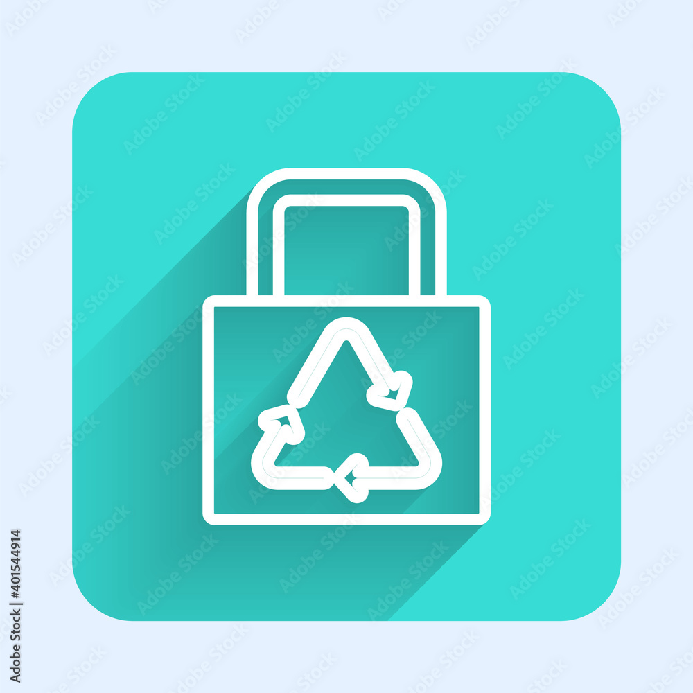 White line Paper shopping bag with recycle icon isolated with long shadow. Bag with recycling symbol. Green square button. Vector. White line Paper shopping bag with recycle icon isolated with long shadow. Bag with recycling symbol. Green square button. Vector.