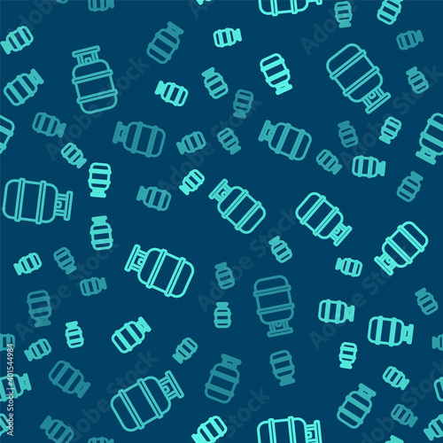 Green line Propane gas tank icon isolated seamless pattern on blue background. Flammable gas tank icon. Vector.
