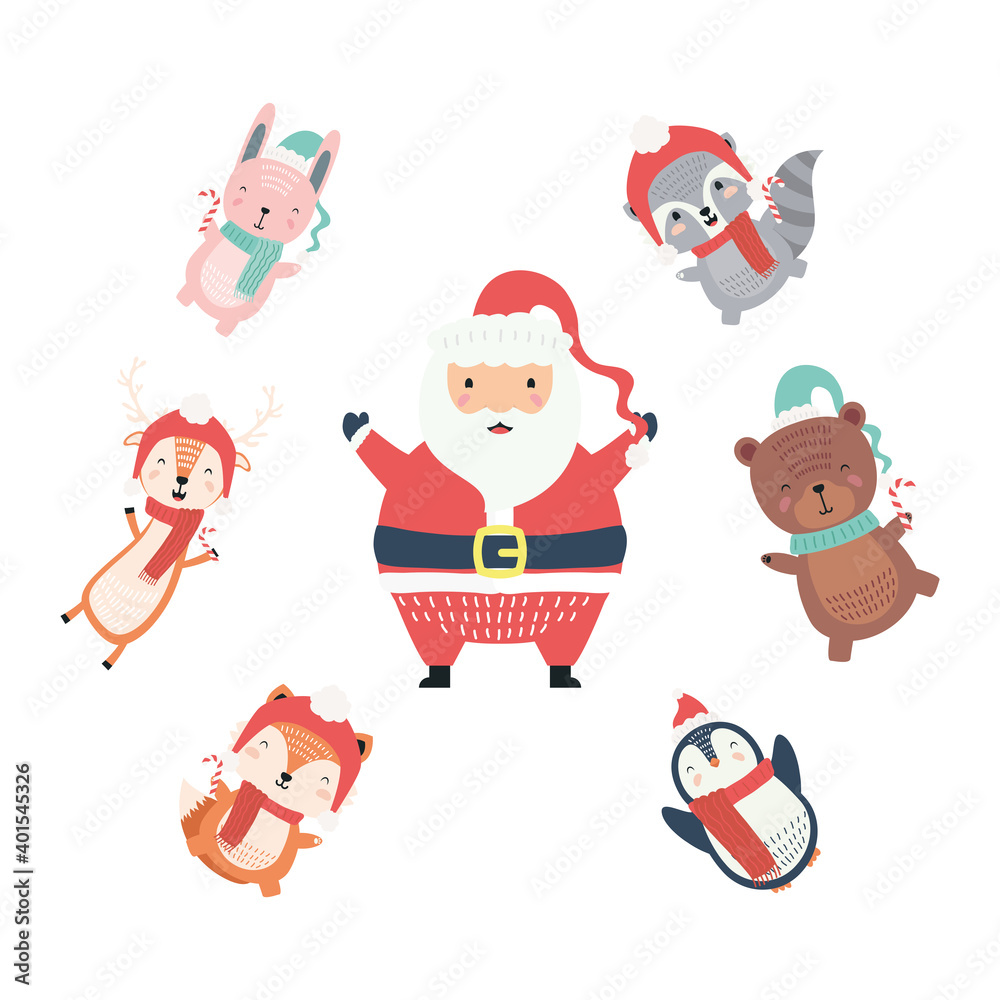 santa with cute animals around wearing christmas clothes characters