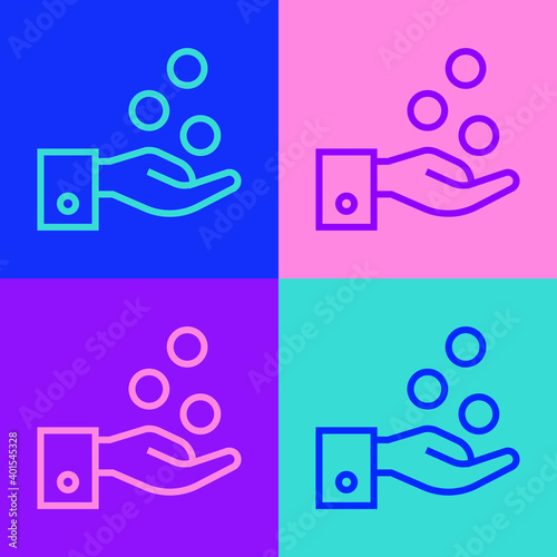 Pop art line People paying tips to service staff in restaurant and hotel icon isolated on color background. Tips money cash coin hotel resort service. Vector.